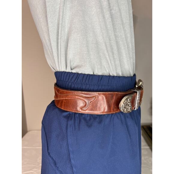 VTG 1993 Brighton Belt 49307 Brown Textured Leather Heavy Silver Buckle Sz M